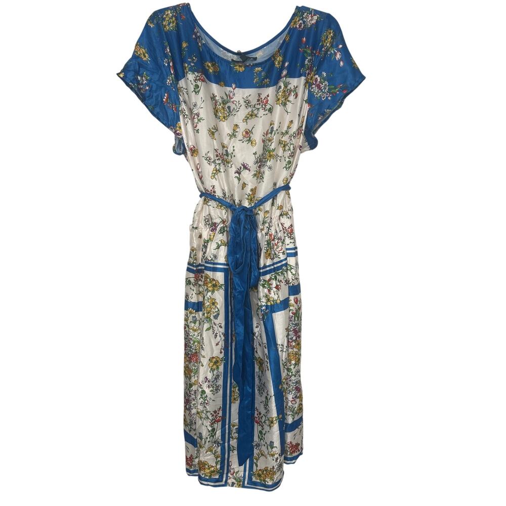 ModCloth Sunlit Reverie Floral Satin Scarf Print Dress Blue Cream 3X NWT Garden - Picture 2 of 15